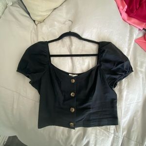 Black Linen Crop Top with Buttons. Size L